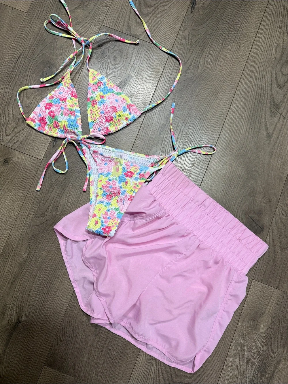 Floral Smocked Triangle Bikini Set and Pink Shorts